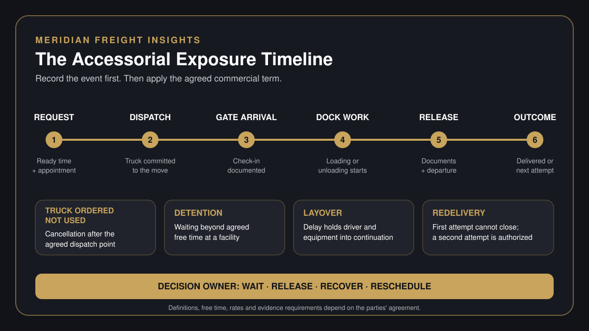 Accessorial exposure timeline showing shipment request, dispatch, gate arrival, dock work, release and delivery outcome, with decision points for truck-ordered-not-used, detention, layover and redelivery.